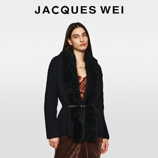 冬季 JACQUES 2025新款 毛衣女款 WEI新年黑色毛领羊毛针织腰带开衫
