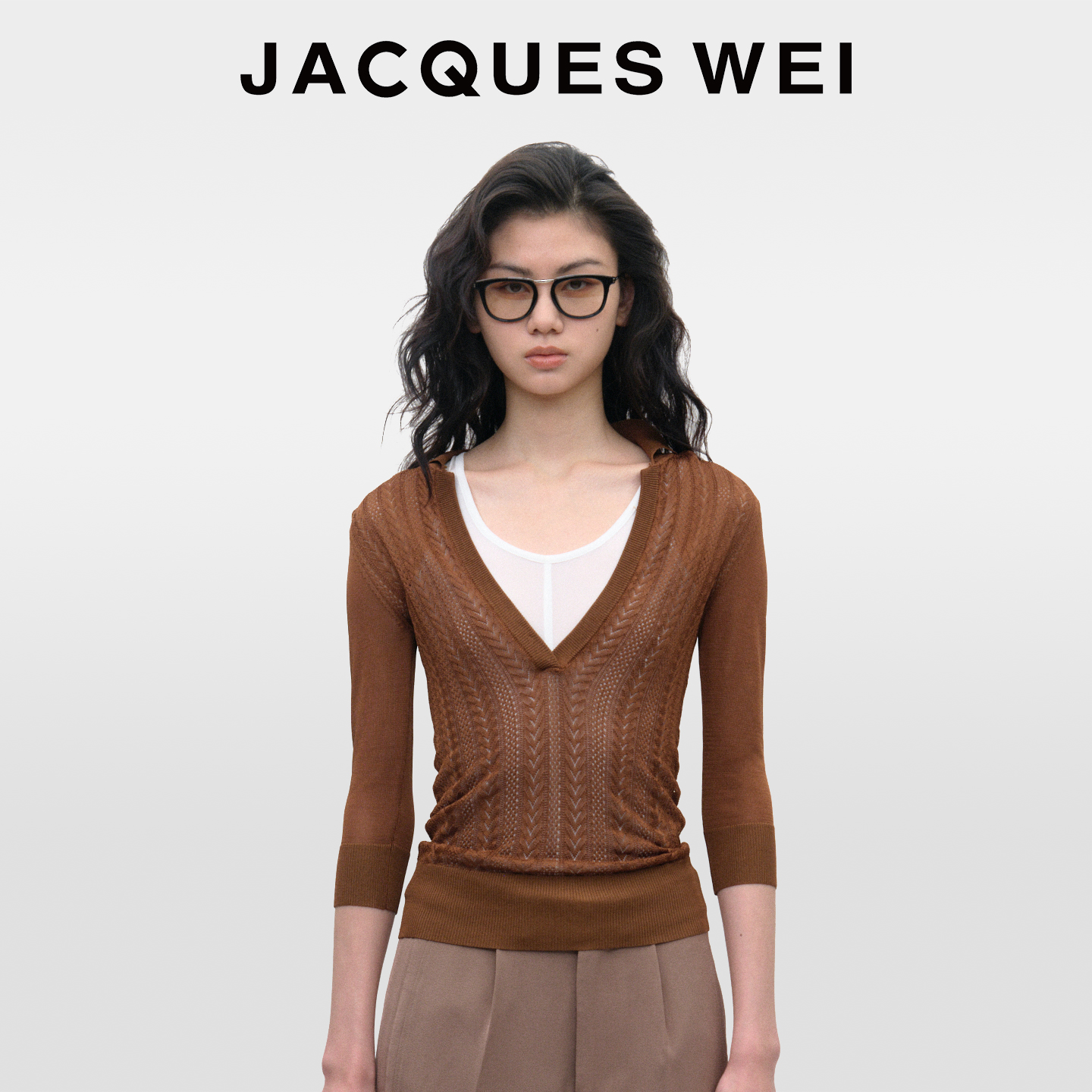 JACQUESWEI棕色V领中袖polo衫女