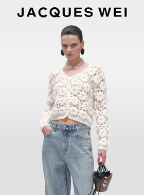 JACQUES WEI易梦玲同款手工玫瑰花朵勾花镂空马海毛早秋开衫毛衣