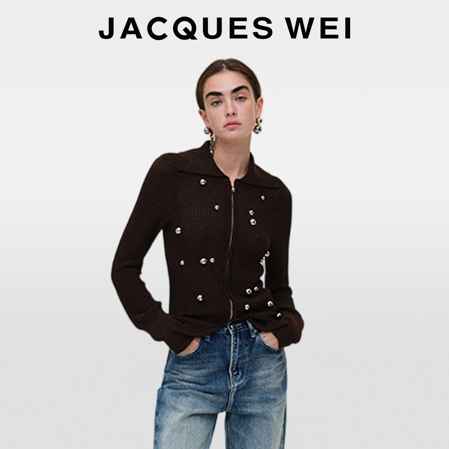 JACQUES WEI2025秋冬设计师卡其色立体铆钉翻领针织开