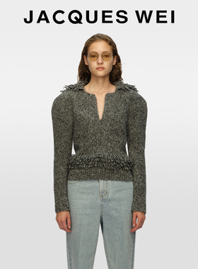 JACQUES WEI新款秋冬流苏设计高级感深灰色v领毛衣女宽松慵懒风