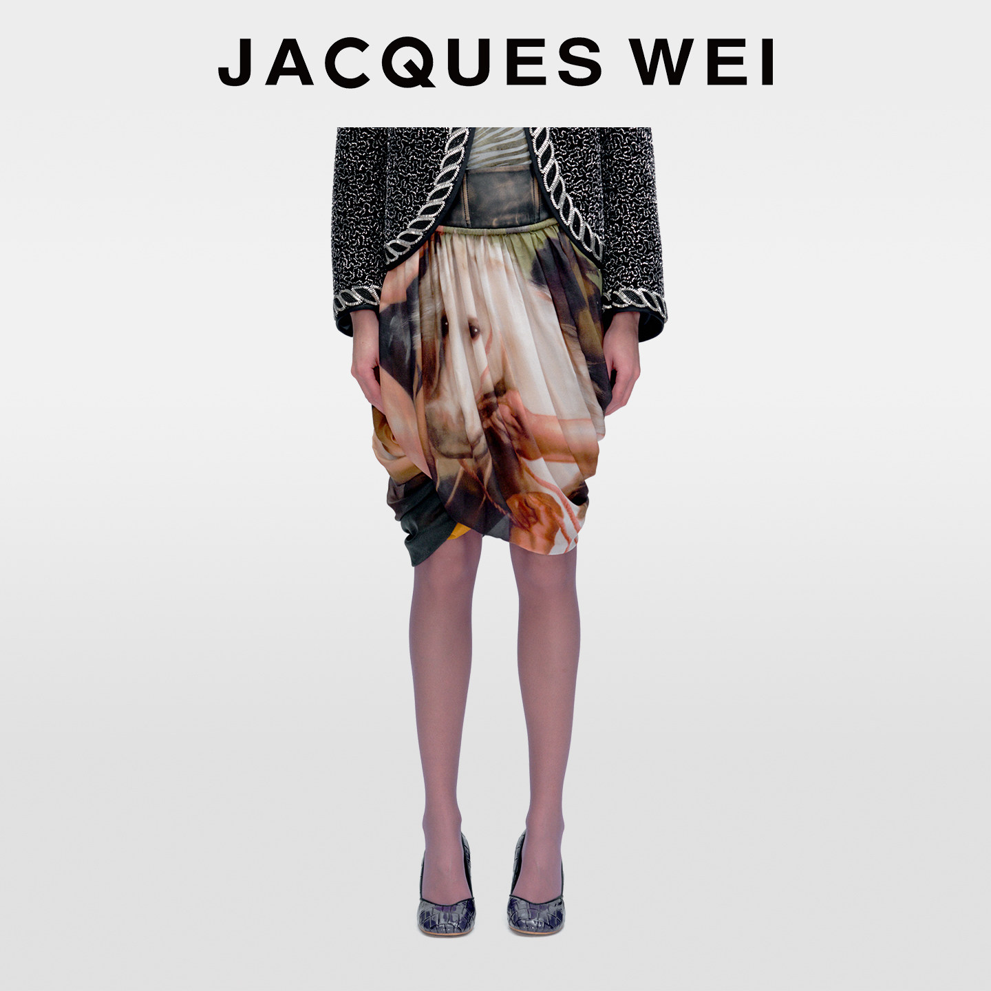 JACQUES WEI2025新款艺术家印花牛皮拼接桑蚕丝垂感裙