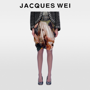 JACQUES 艺术家印花牛皮拼接桑蚕丝垂感裙子半身裙冬 WEI2025新款