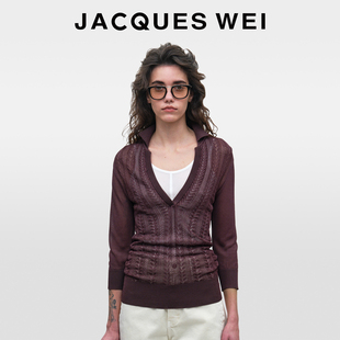 日常通勤针织polo衫 设计师酒红色V领中袖 女 WEI2025新款 JACQUES