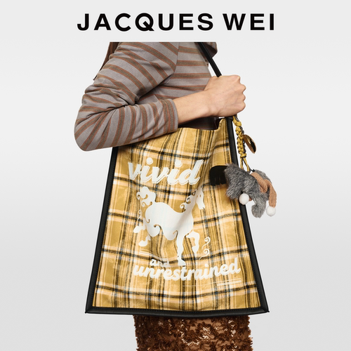 JACQUESWEI黄格纹撞色印花帆布包