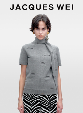 JACQUES WEI25新款秋冬灰色镂空破洞设计美利奴羊毛短袖针织衫女