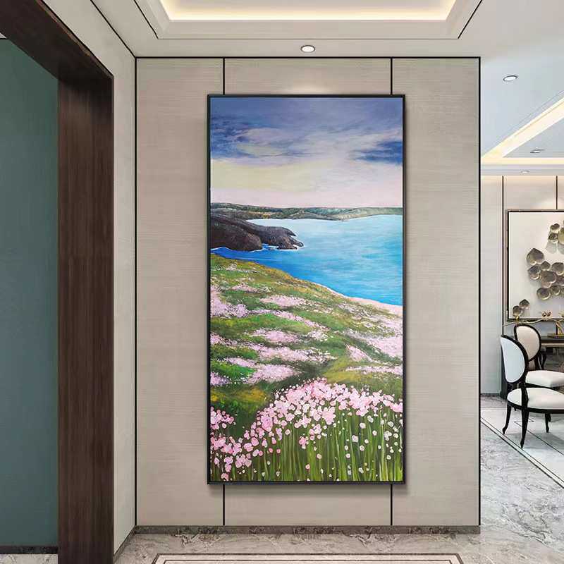 纯手绘花海景油画客厅玄关竖款大尺寸装饰画地中海田园风景挂画