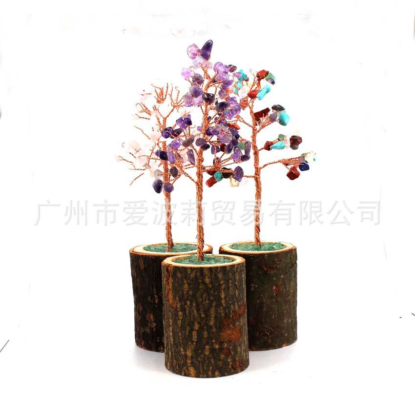 新品木头底座水晶碎石树纯手工编织摆件 家庭办公室装饰仿真树