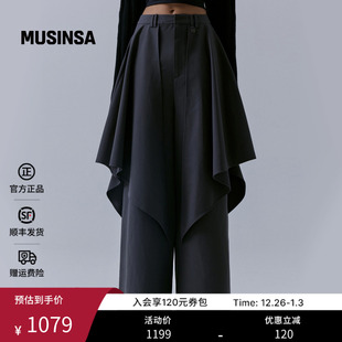 MUSINSA 休闲裤 TREEMINGBIRD韩国女士25秋季 黑色设计感阔腿长裤