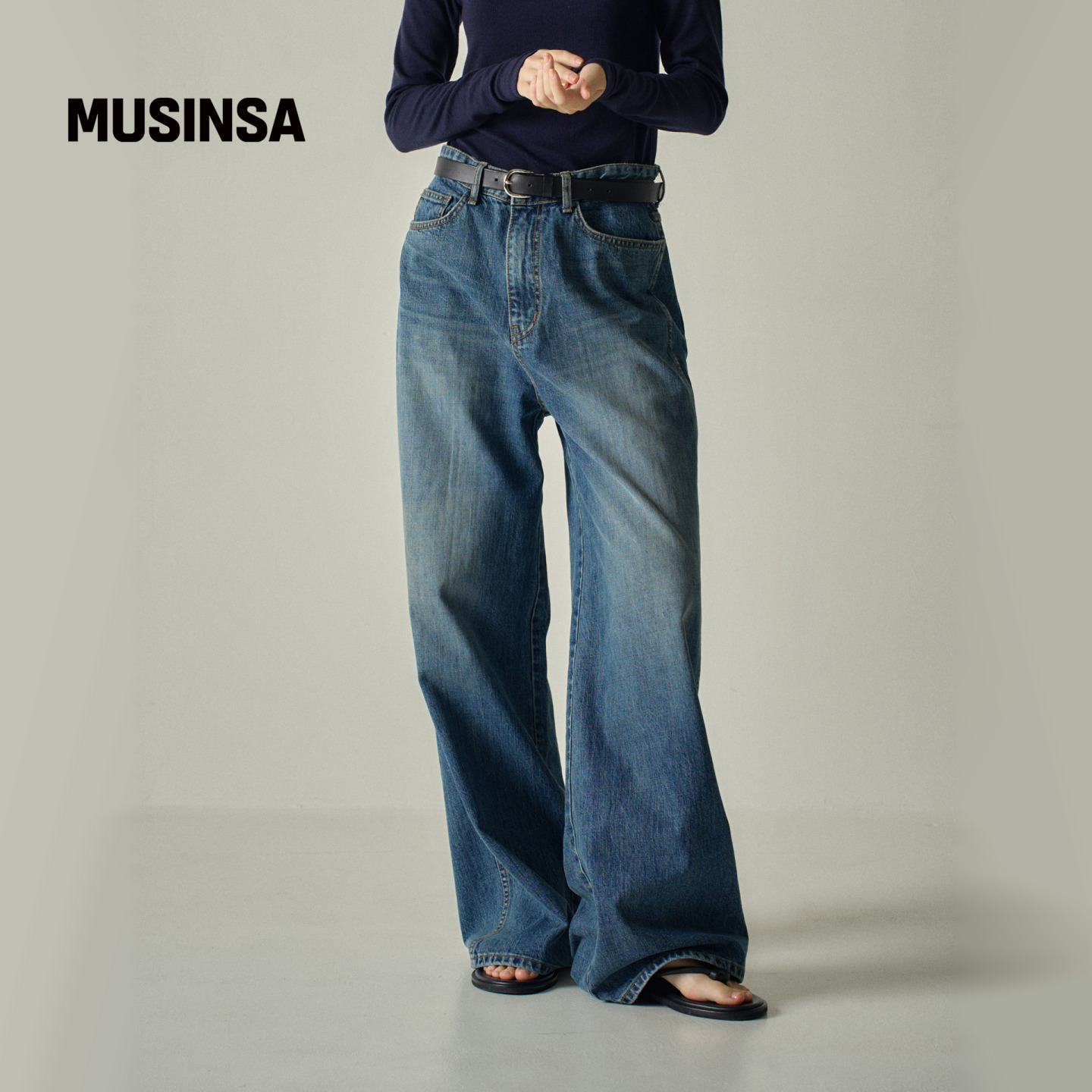 经典宽牛仔裤高腰做旧直筒裤