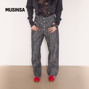 MUSINSA 高腰宽松垂感直筒条纹牛仔裤 GBYU 韩国25秋冬竖条纹阔腿裤