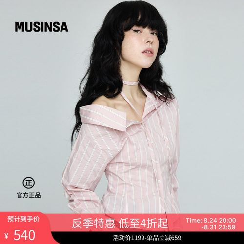 女士斜领露肩竖条纹收腰衬衫