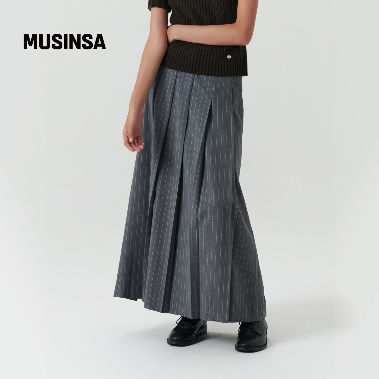 条纹百褶裙高腰经典腰带褶裥长裙