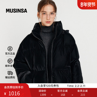 LOOKAST韩国25秋冬LILY短款连帽羽绒服黑色亮面立领面包服MUSINSA