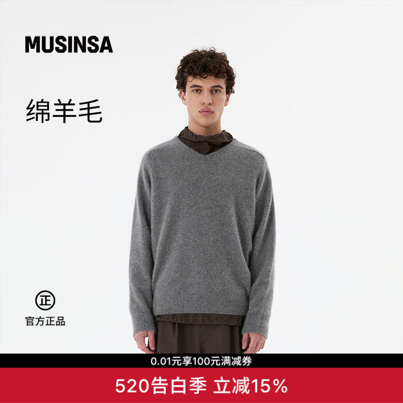 【含羊毛】AMOMENTO韩国男士春季休闲流行浣熊V领针织衫MUSINSA