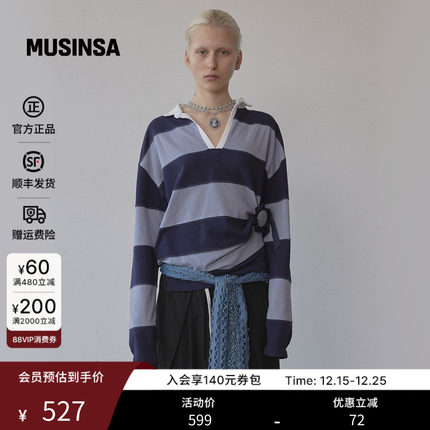 SCULPTOR 韩国25秋冬蓝灰条纹V领polo衫女宽松长袖上衣MUSINSA