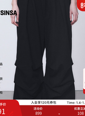 TREEMINGBIRD韩国男女同款25秋季黑色褶皱直筒长裤休闲裤MUSINSA