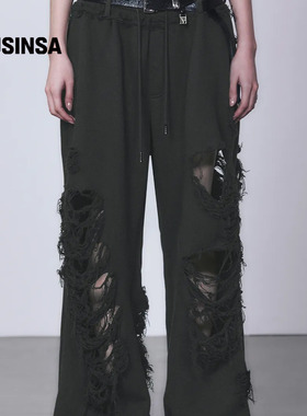 TREEMINGBIRD韩国25秋冬刮伤宽运动裤高腰垂感宽松长裤MUSINSA