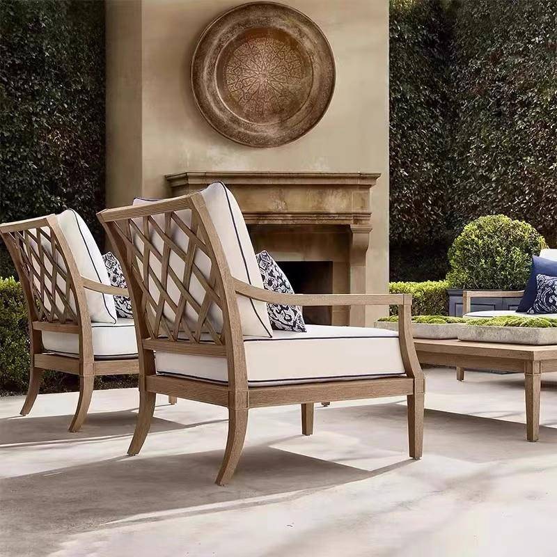 北欧户外柚木做旧沙发庭院防水防晒露台别墅酒店室外休闲实木家具