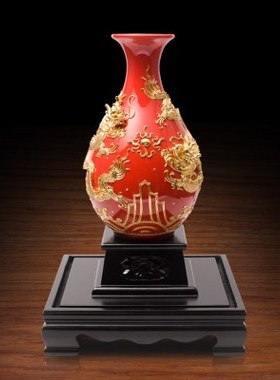 漆线雕双龙戏珠花瓶摆件中式客厅装饰品生日乔迁礼物实用商务礼品