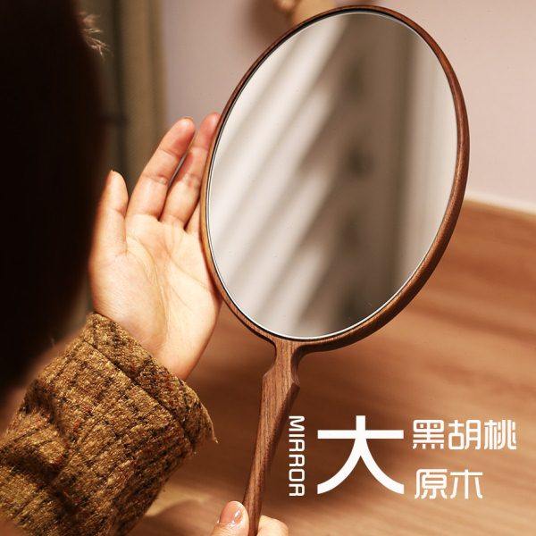 黑胡桃超大手柄化妆镜子便携实木手持梳妆美容喜镜定制LOGO刻字