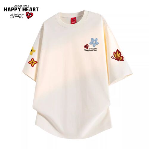 查尔斯桃心美式蝴蝶印花短袖t恤男圆领夏季纯棉百搭透气情侣上衣