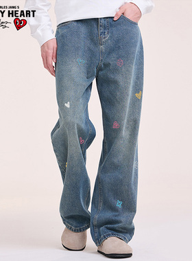 查尔斯桃心春秋直筒裤宽松牛仔裤潮流百搭运动情侣男女款水洗复古