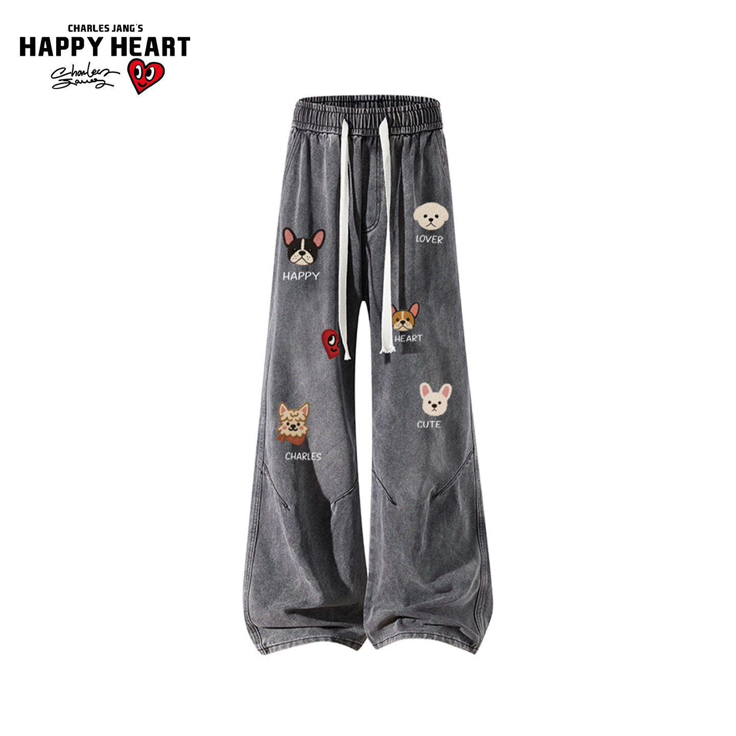 查尔斯桃心美式风卡通小狗印花牛仔裤男女夏季宽松直筒阔腿长裤子