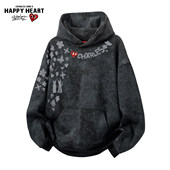 查尔斯桃心新款 满天星连帽卫衣男秋冬季 字母印花撞色拼接情侣上衣