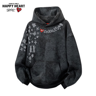 查尔斯桃心新款满天星连帽卫衣男秋冬季字母印花撞色拼接情侣上衣