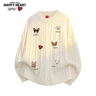 查尔斯桃心小狗印花毛衣男女冬季保暖加绒加厚休闲情侣针织衫上衣