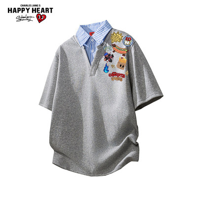 查尔斯桃心 美式卡通印花假两件POLO短袖T恤夏季宽松情侣半袖男女