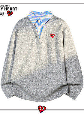 查尔斯桃心假两件衬衫领卫衣设计春秋季拼接宽松休闲情侣上衣服男