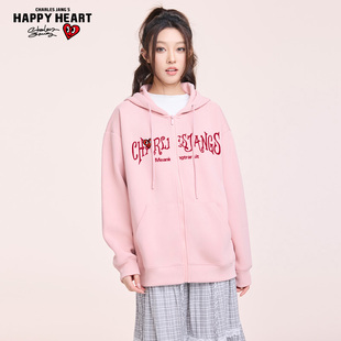 查尔斯桃心开衫连帽卫衣男女款哥特式字母印花秋冬季宽松情侣外套