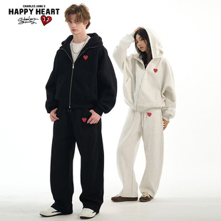 查尔斯桃心卫衣男女款秋冬季户外运动连帽开衫外套休闲长裤一套装
