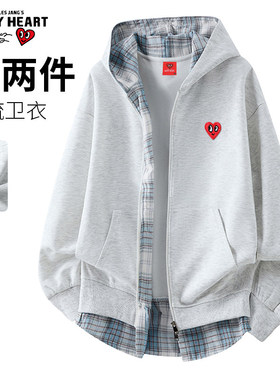 查尔斯桃心美式拼接格子假两件外套男女秋冬加绒慵懒连帽开衫卫衣