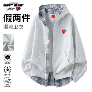 查尔斯桃心美式拼接格子假两件外套男女秋冬加绒慵懒连帽开衫卫衣