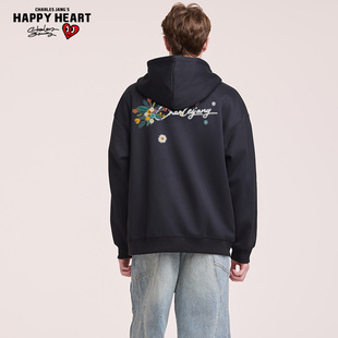 查尔斯桃心仿刺绣花卉开衫连帽卫衣男秋冬季宽松百搭重磅情侣外套
