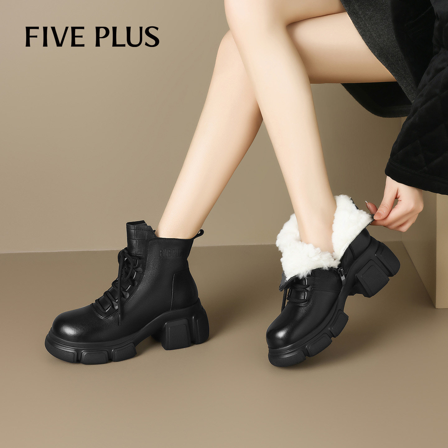 FIVEPLUS粗跟真皮马丁靴女