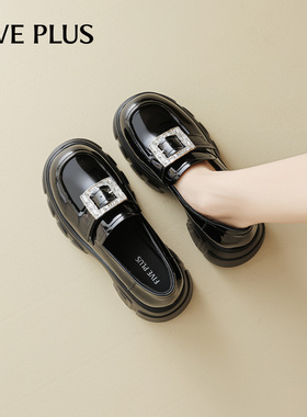 FIVE PLUS厚底乐福鞋女2025秋季新款黑色百搭增高水钻小皮鞋单鞋