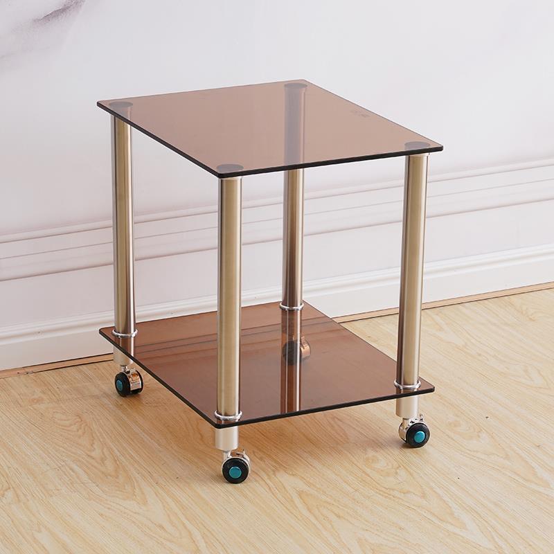 9U长转沙发边几小FyDnz户型家用钢玻璃方形桌子茶几移动带化滚轮