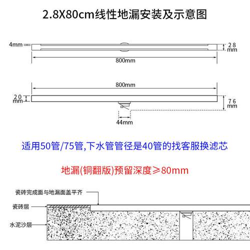 浴房淋锈线性地漏T28600窄304不钢长条卫间生极窄挡水条全铜防臭