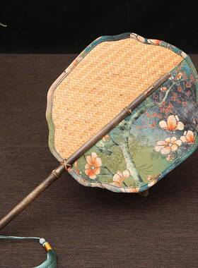 V45扇O紫竹手工缎加面竹编宣扇子大扇复古绣花团扇古风厚纸119扇