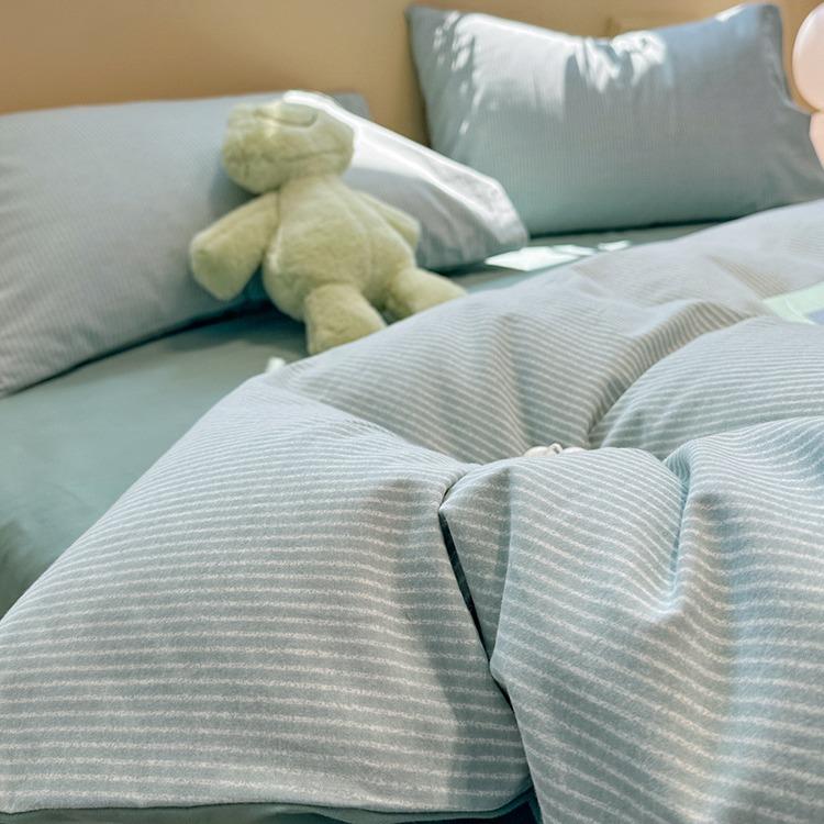 A简类风约绿色条纹磨毛四件套全2棉纯棉024835新款一米五床床单被