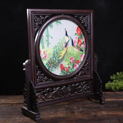 苏双面绣屏摆件手工绣孔州雀ASY新中式八角刺形鸡翅台木刺绣工艺