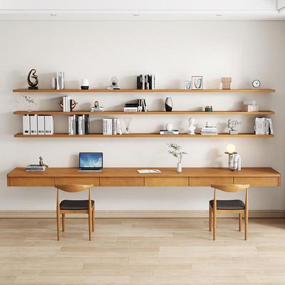 靠墙木带抽屉电UTM脑桌式悬空书桌书实架组合挂墙上一字形长办壁