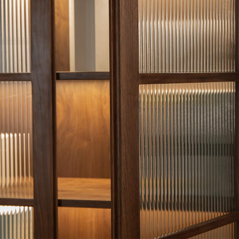 0J日式全实木卡座书柜合去厅书架JKM满化墙家用组黑胡桃木整墙两