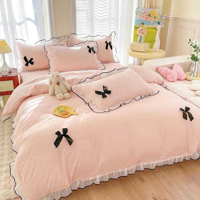 简约纯色公主风床裙四EVX件件套水洗边三棉花被套磨毛床单床罩学