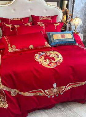 中用式高档大红色龙凤婚四件套棉全棉被套H1166结婚陪嫁纯送礼床