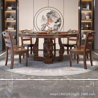 实木馆餐实桌家用木圆桌小户饭型新中0251式带转盘饭简约餐桌椅组